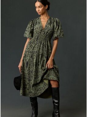 Anthropologie Pilcro Corduroy Ruched Printed Midi Dress in Green size Large NWT
